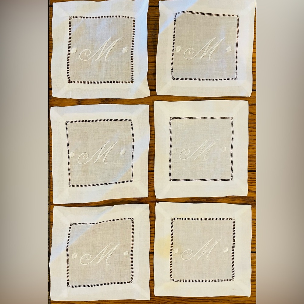 Kim Seybert Monogrammed Cocktail Napkins, white linen, letter M, set of 6